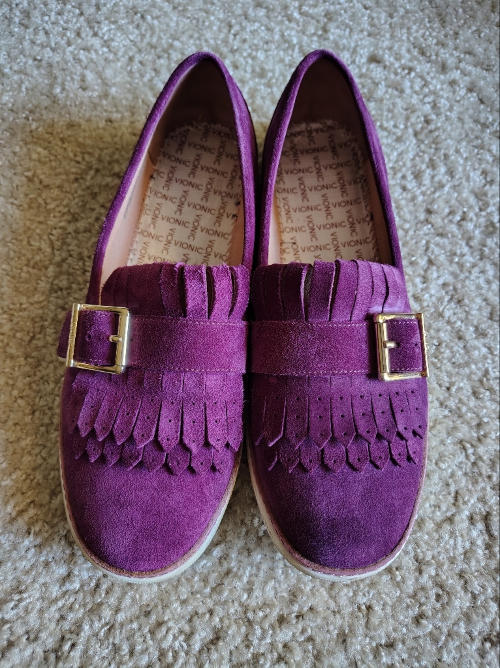 Vionic Women's Plum Suede Fringe Loafers with Gold Buckle